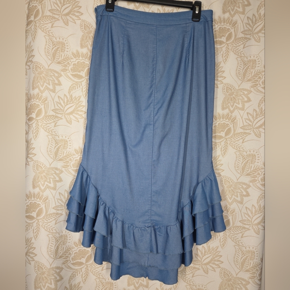 NYLON APPAREL CHAMBRAY FLAMENCO COCKTAIL HI LOW TIERED RUFFLE MIDI SKIRT sz L - Picture 2 of 11